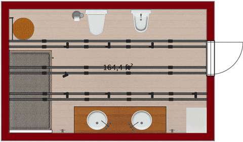 A 2D floor plan of a loft bathroom switches to the 3D view.