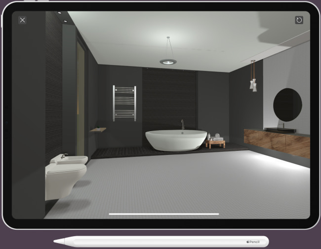 An Apple pencil laying near an iPad with the Live Home 3D app opened on it.