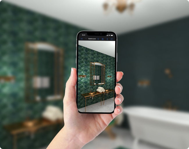 An augmented reality view of an art deco bathroom on iPhone.