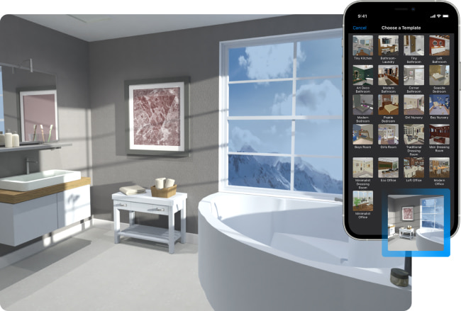 A light bathroom with a mountain view designed and rendered in Live Home 3D and the project gallery with sample rooms opened on iPhone.