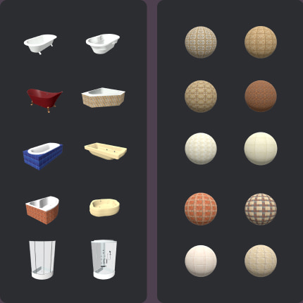Snapshots of the material and object libraries of Live Home 3D with bathroom objects and tiles.