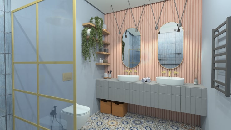 A modern bathroom with a fluted wall paneling designed and rendered in Live Home 3D for Mac.