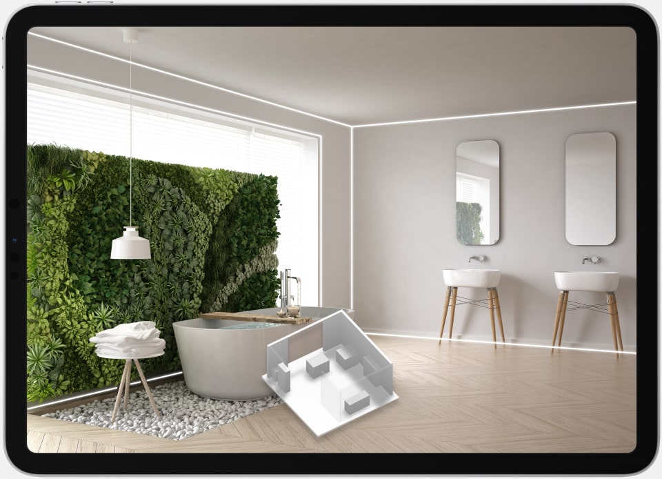 Scanning a light bathroom with a moss wall with Live Home 3D room scanner.