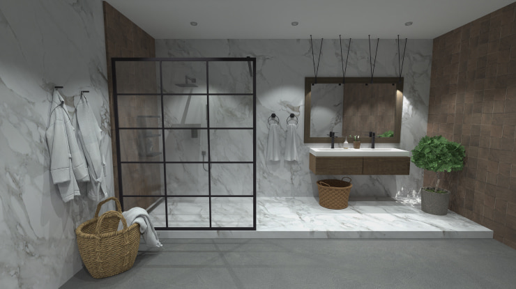 A white marble bathroom with a raised platform designed and rendered in Live Home 3D.