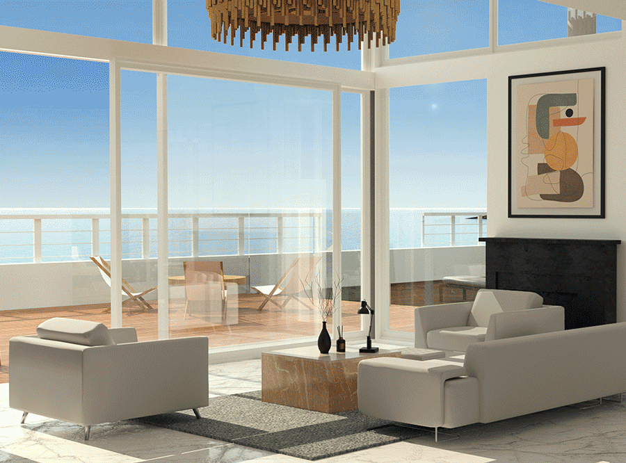 Living room design created in Live Home 3D for iPhone and iPad: day view, twilight view and night view.