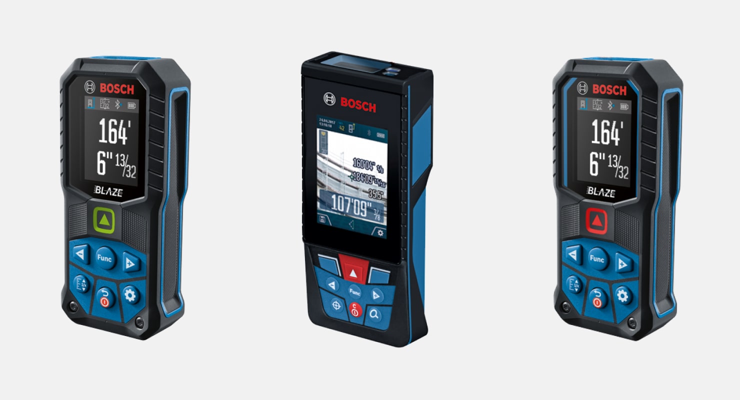The three Bosch laser measure models: GLM 400C, GLM 165-27CG, GLM 165-27C that are supported in the Live Home 3D app for iPhone and iPad.