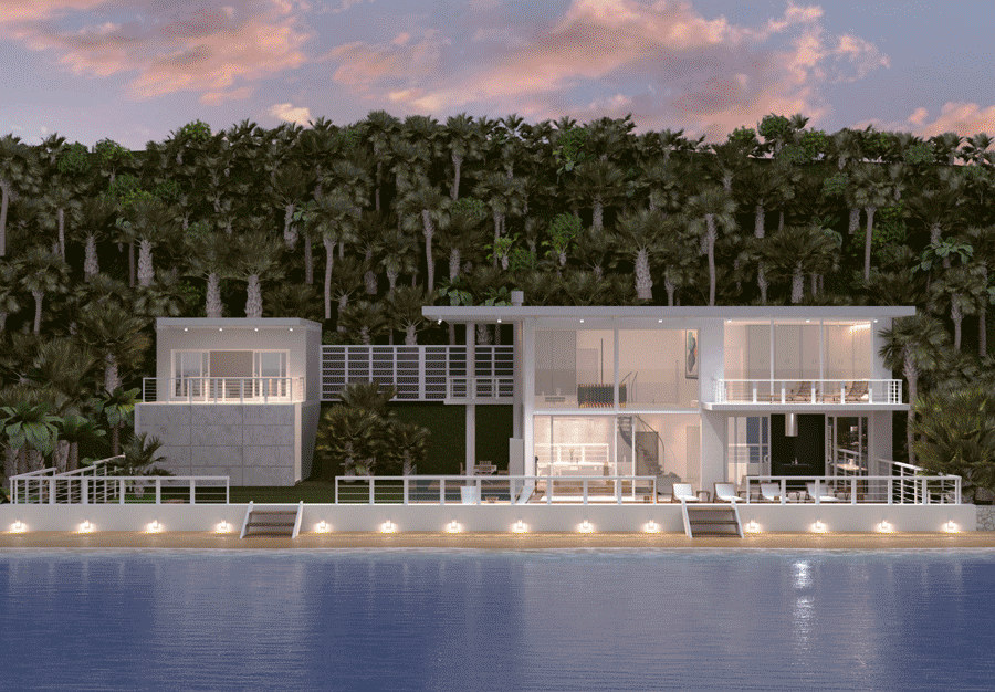 The examples of houses with different landscapes created using the terrain editing tools available in Live Home 3D for iPhone and iPad with unlocked Pro features.