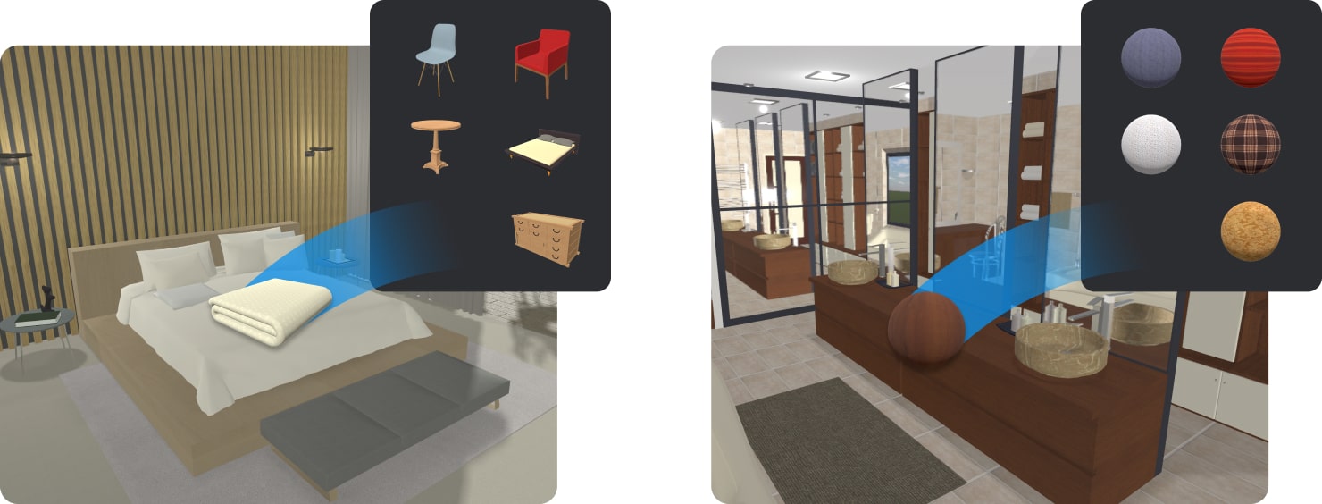 Rich libraries of furniture and materials available in Live Home 3D for iPhone and iPad.