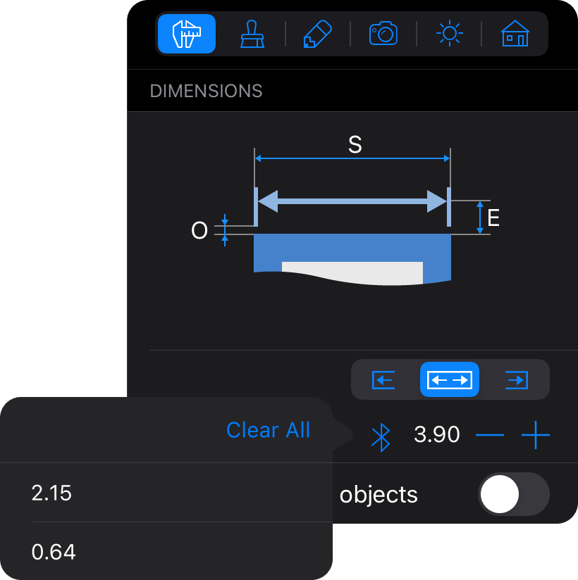 Selecting the amount of the recent measurements that Live Home 3D app for iPhone and iPad received from the Bosch laser measure.