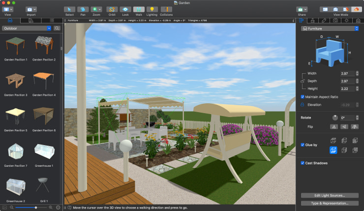 A screenshot of a garden and the library of outdoor objects in 3D view opened in Live Home 3D for Mac