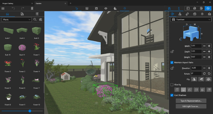 A screenshot of the garden and the library of plants in 3D view opened in Live Home 3D for Windows