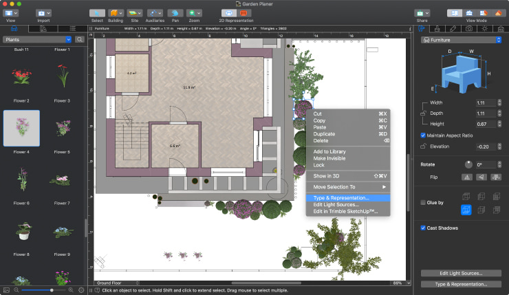 A screenshot of a garden planner in 2D view opened in Live Home 3D for Mac