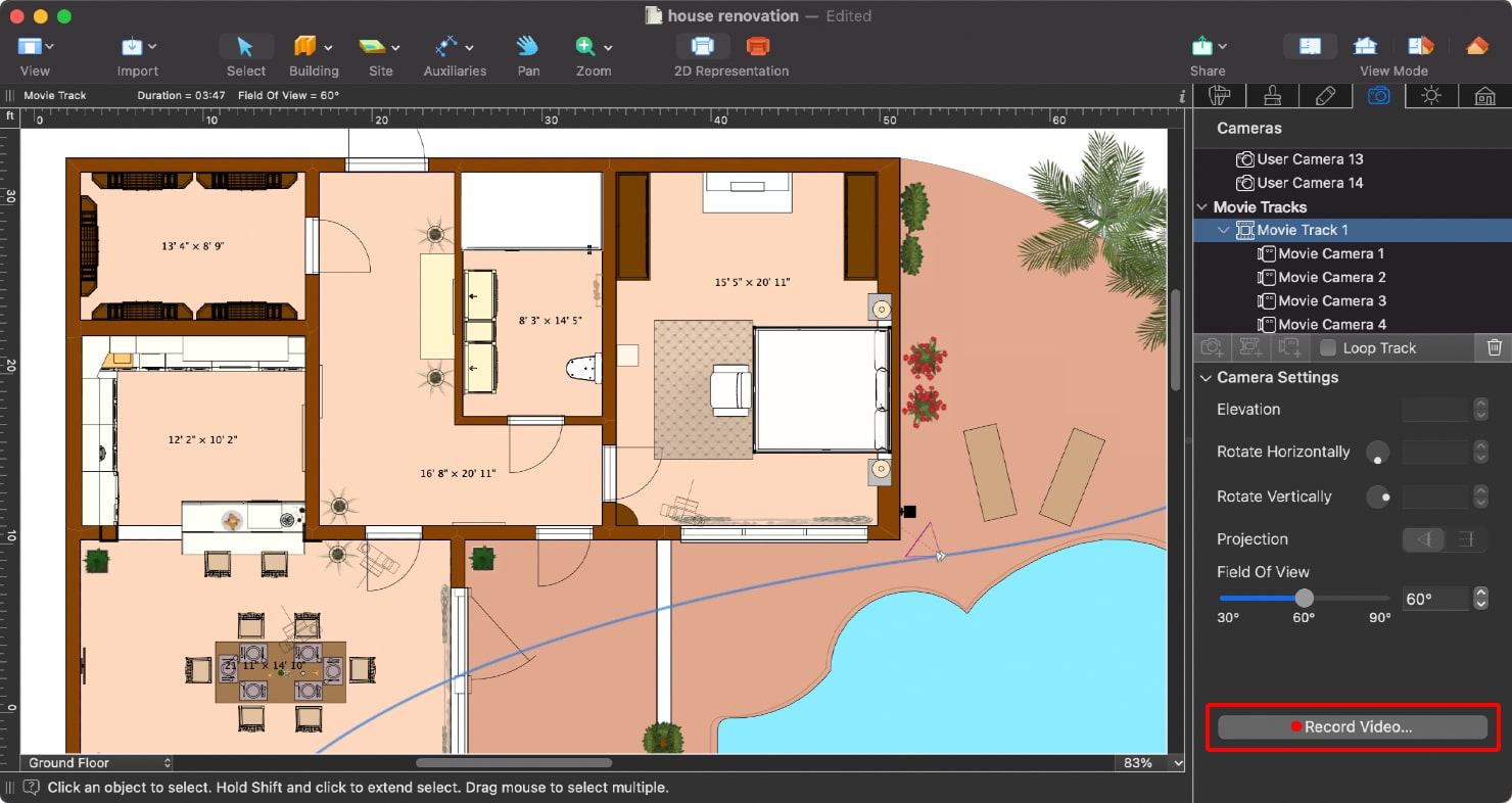 The screenshot of the house with the pool in 2D view designed in Live Home 3D for Mac.
