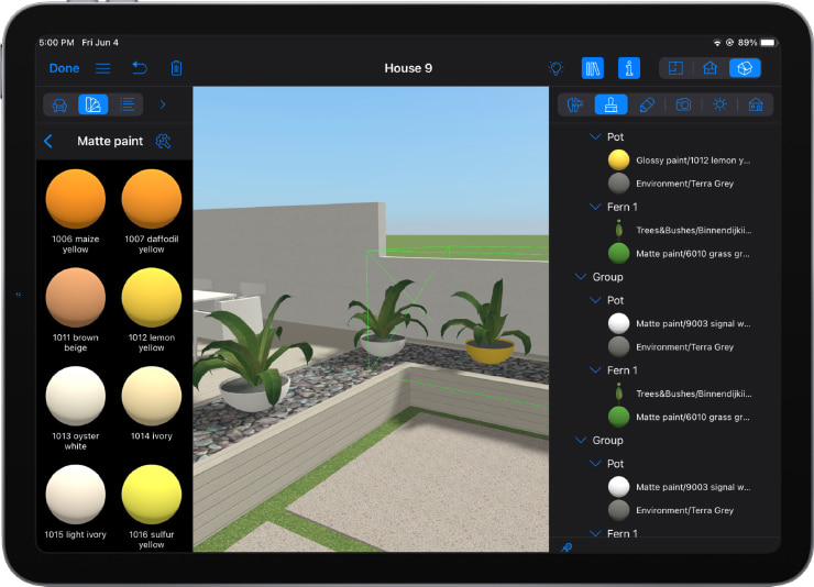A screenshot showcasing how to change the color of an object in Live Home 3D for iPhone and iPad