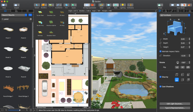 A screenshot showcasing how to create a pond in Live Home 3D for Mac