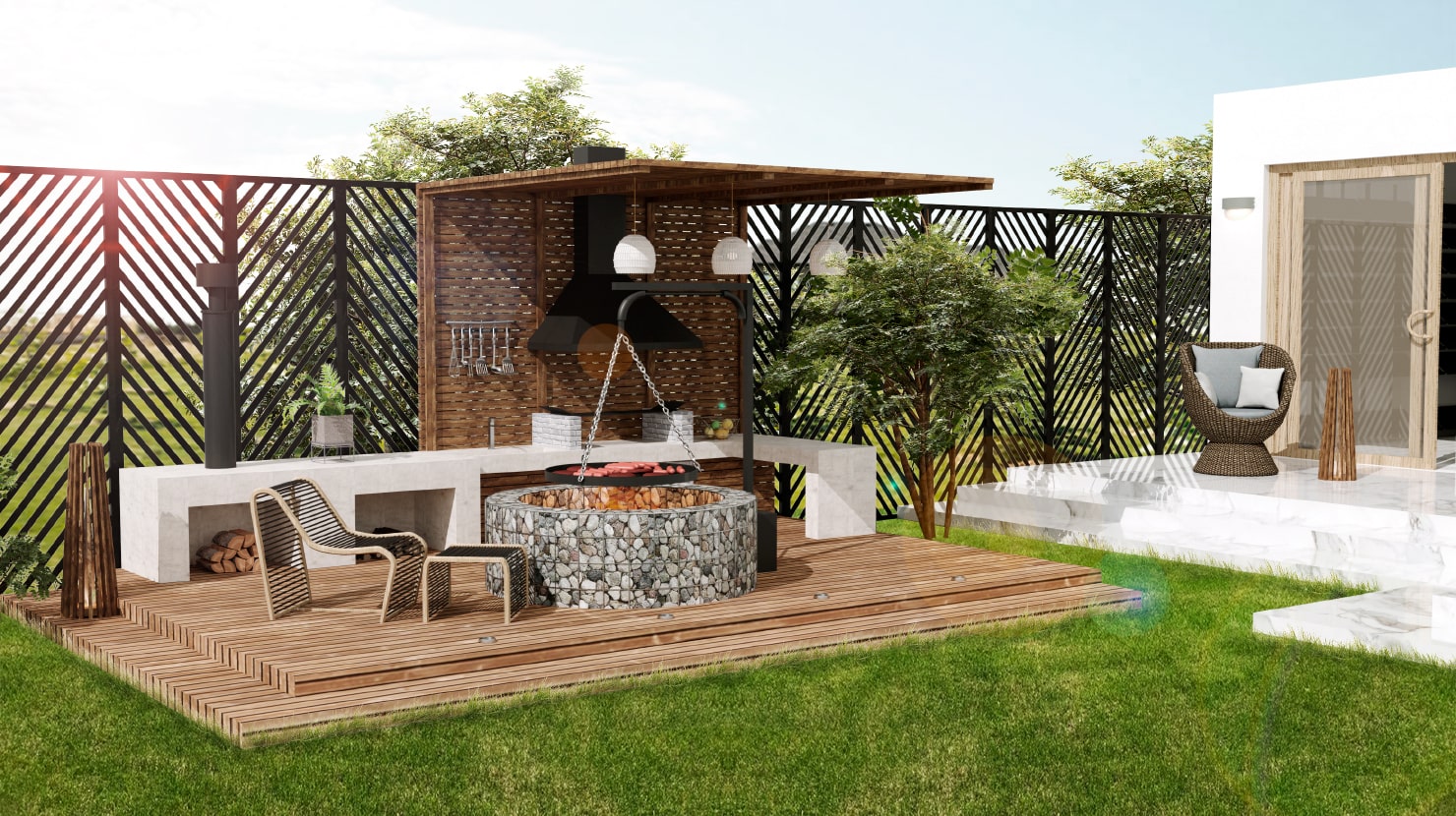 A screenshot of a garden and the library of outdoor objects in 3D view opened in Live Home 3D for Mac