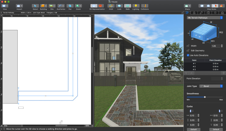 A screenshot showcasing the work with pathways in split-mode in Live Home 3D for Mac