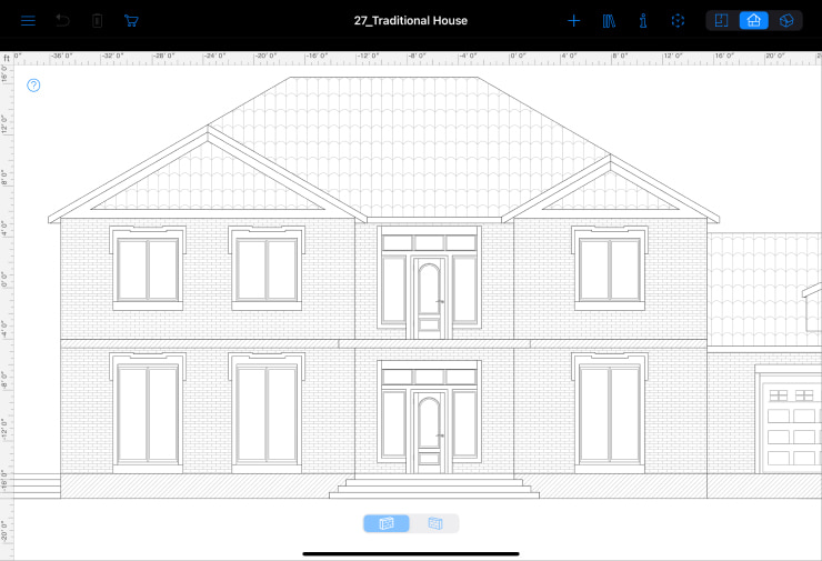 A 2D Elevation view of the traditional house project created in Live Home 3D opened on iPad.