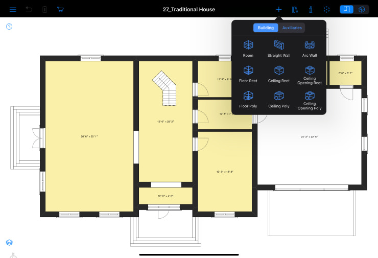 A screenshot of Live Home 3D’s building tools and the floor plan of the traditional house project opened on iPad.
