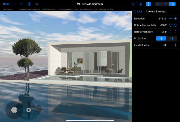 A screenshot of the seaside bedroom project created in Live Home 3D and the app’s camera settings, opened on iPad.