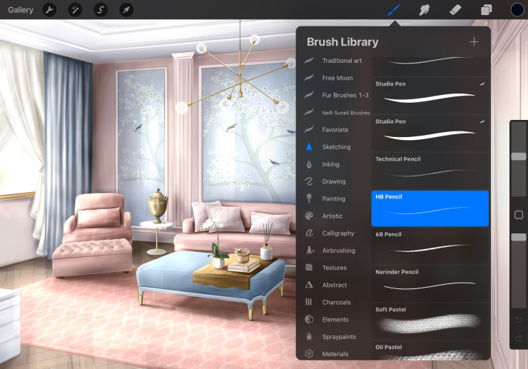 An interior design sketch opened in the Procreate app.