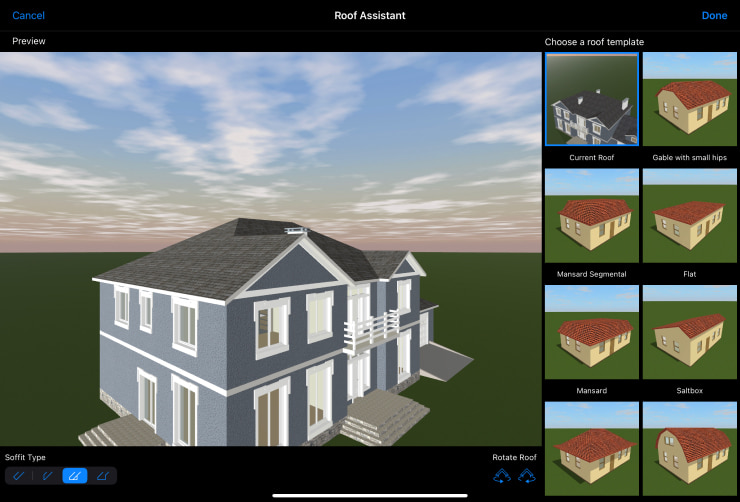 A screenshot showcasing the work with the roof assistant in Live Home 3D on iPad.