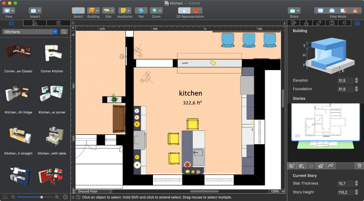 Kitchen floor plan in Live Home 3D for Mac