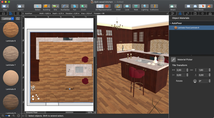 The Split view of a kitchen in brown colors designed in Live Home 3D for Mac