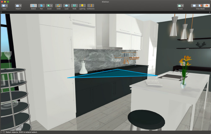 Work triangle shown in a kitchen opened in Live Home 3D for Mac