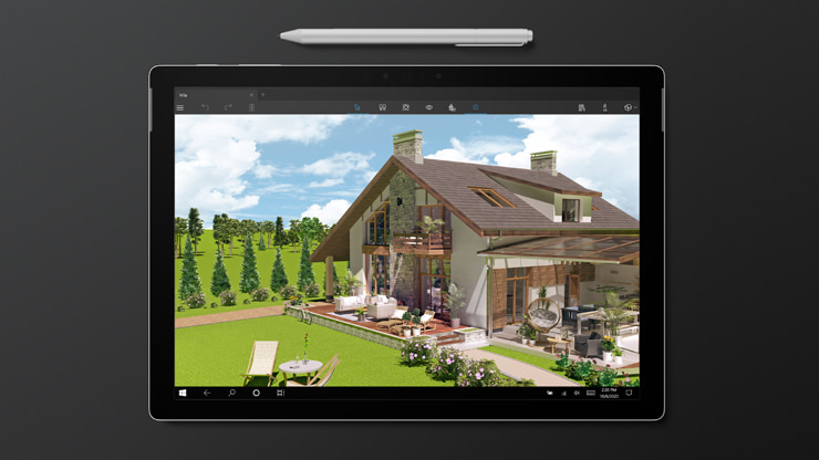 A cottage with a little garden and a hill in the background in Live Home 3D Pro for the iPad