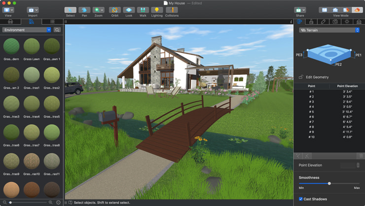 A cottage with a meadow near the river with a bridge in Live Home 3D Pro for Mac