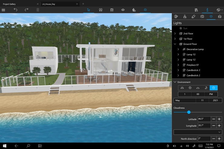 A seaside house on the beach with the ocean and palm trees in Live Home 3D for Windows