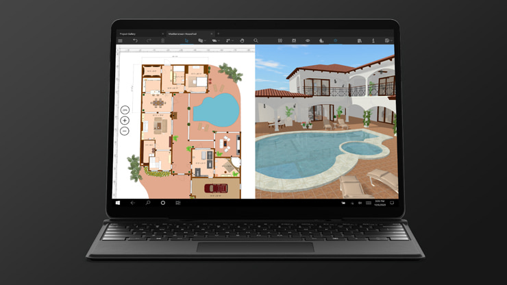A split view with the house with the pool 2D and 3D design in the Live Home 3D landscape app for Windows