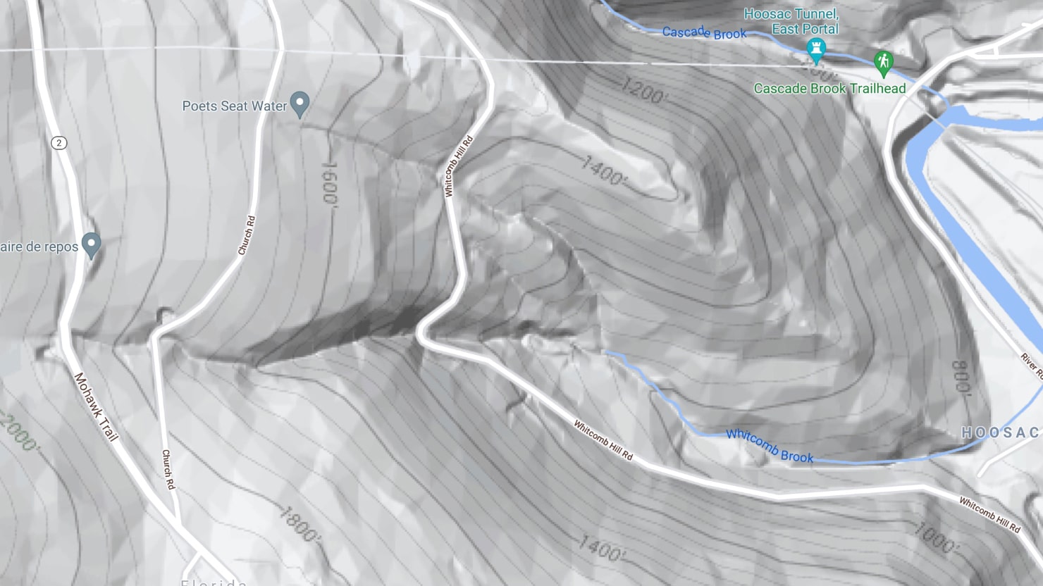 A screenshot of the terrain view of Google Maps with the terrain elevation curves.