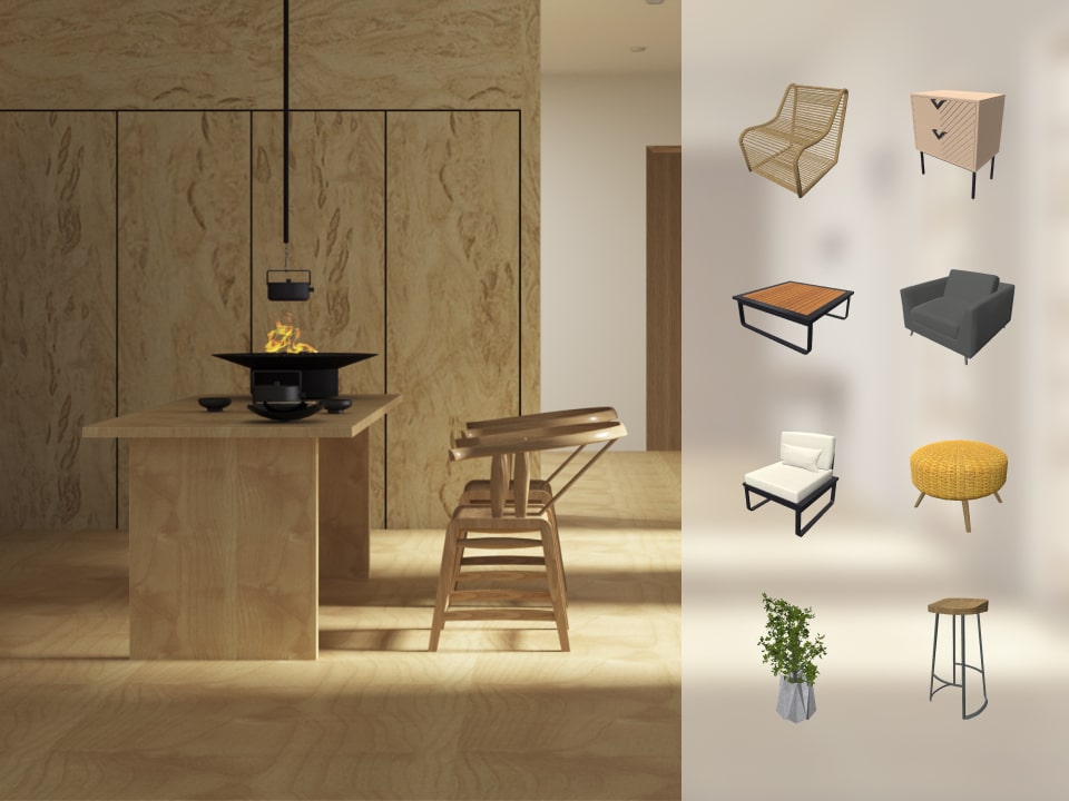 A dining room and furniture 3D models created in the Live Home 3D interior design app.