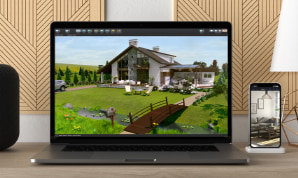 Live Home 3D garden design app opened on Mac and iPhone devices