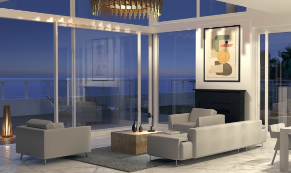 Modern living room with gray furniture and a panoramic view designed and rendered in Live Home 3D for Mac.