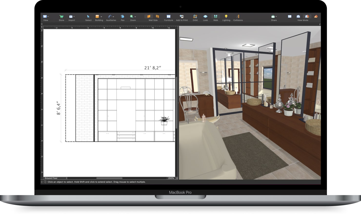 Bathroom design opened in split-view mode in Live Home 3D.