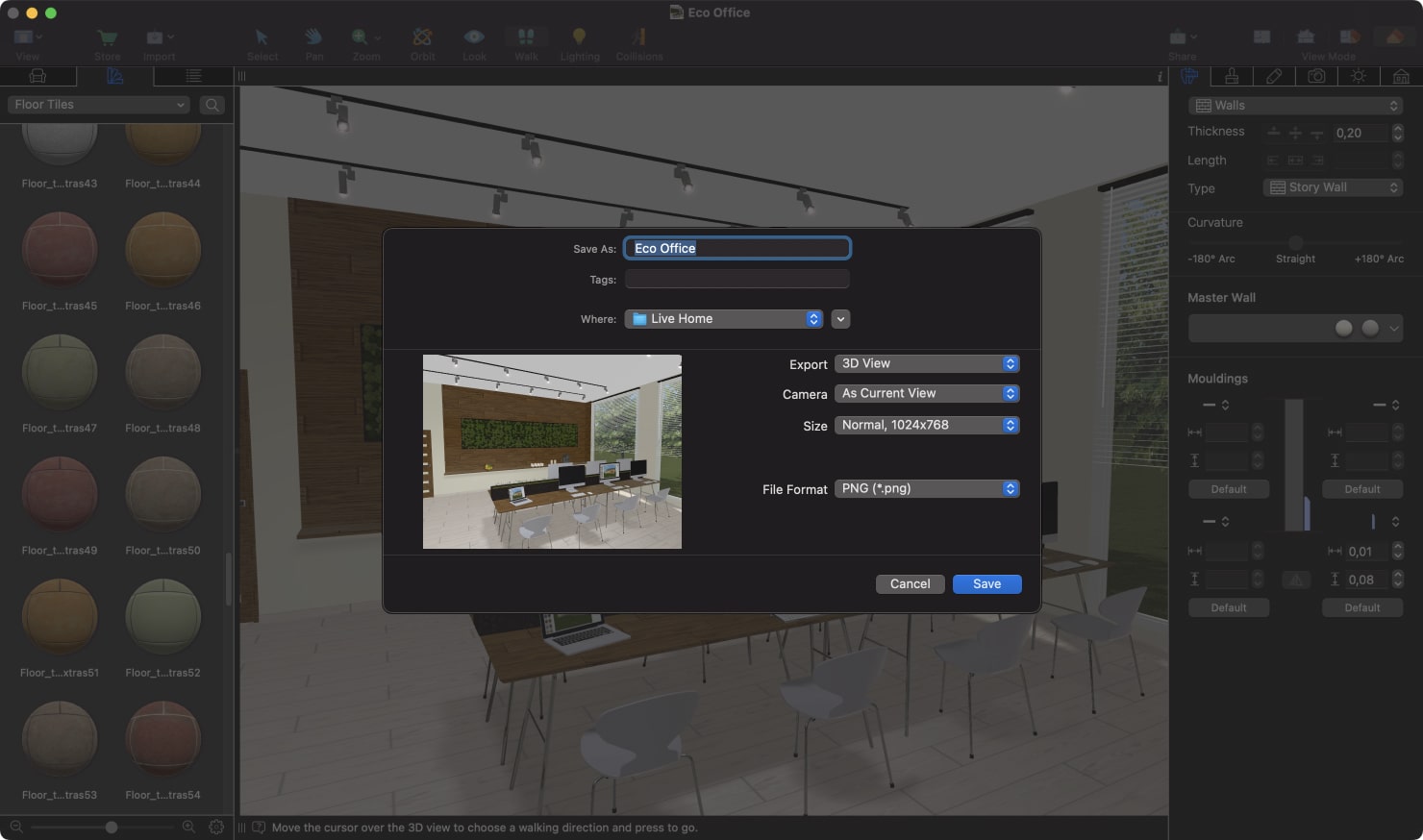 A screenshot showcasing export options and settings available in Live Home 3D.