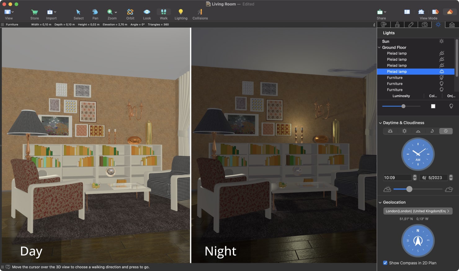A screenshot showcasing lighting, geopositioning and daytime & cloudiness settings available in Live Home 3D.