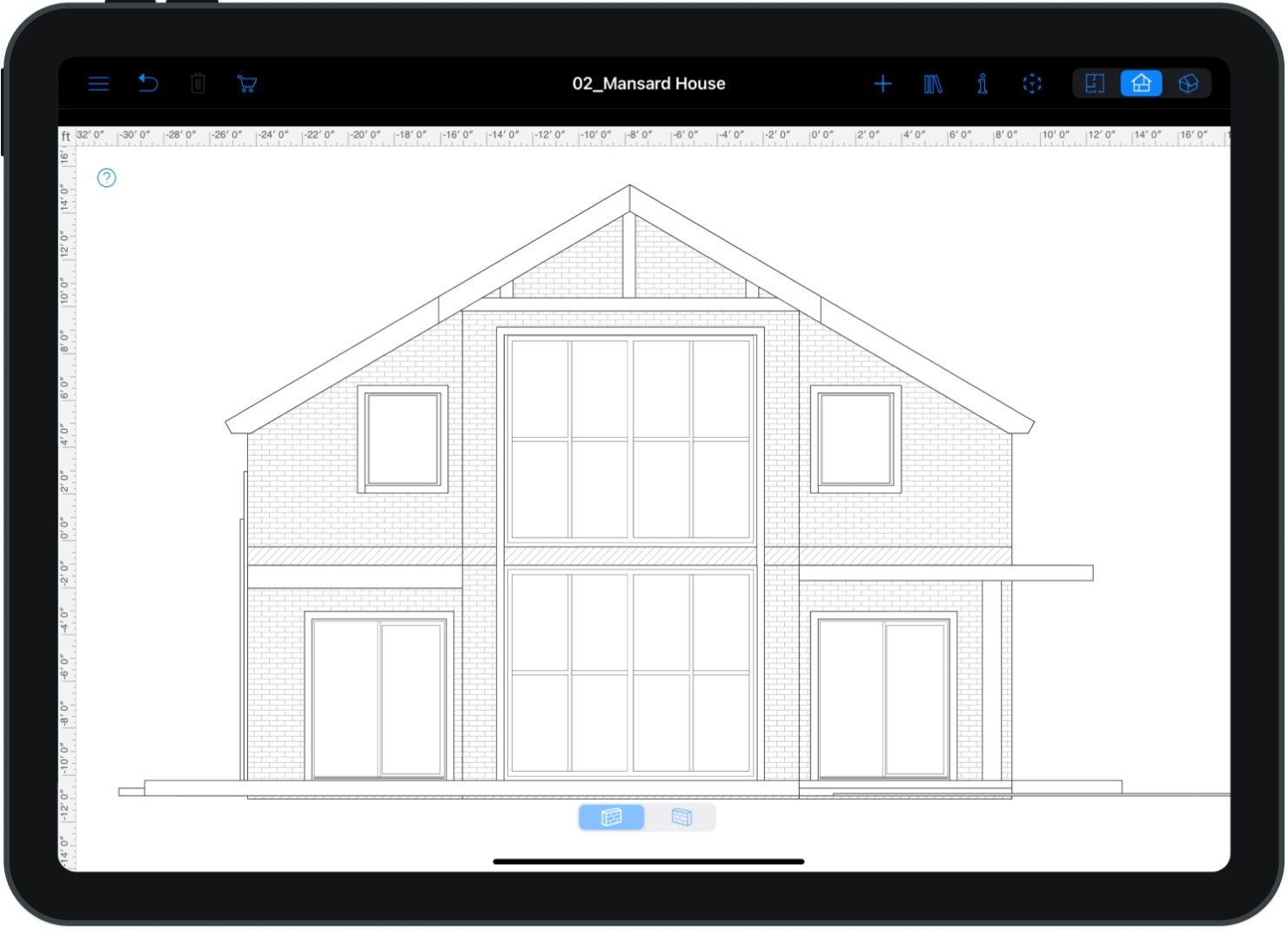 Mansard house opened in Elevation view mode in Live Home 3D for iPad.