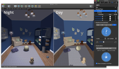 Live Home 3D with kids’ room at day and night with Lights tab opened in the Inspector.