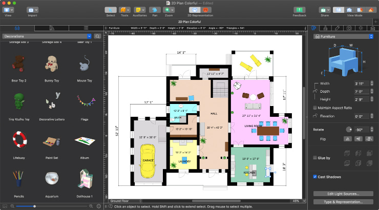 A floor plan with furniture in Live Home 3D Pro for Mac