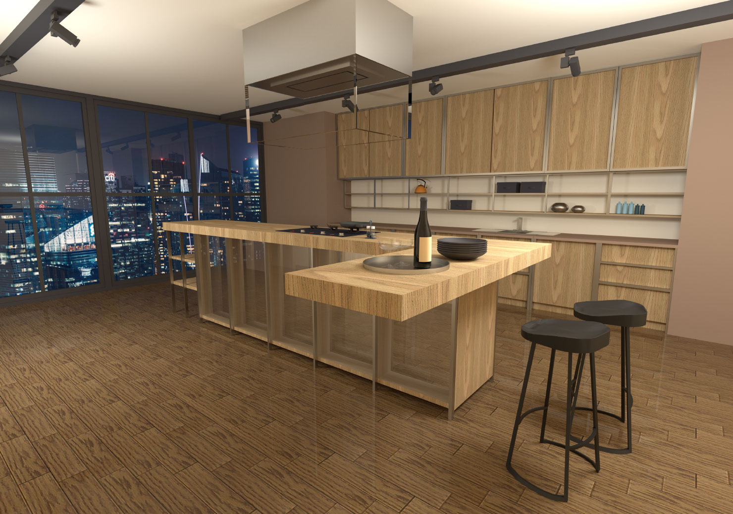 A kitchen in brown colors with the city view.