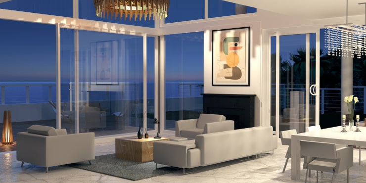 Modern living room with gray furniture and a panoramic view designed and rendered in Live Home 3D for Mac.