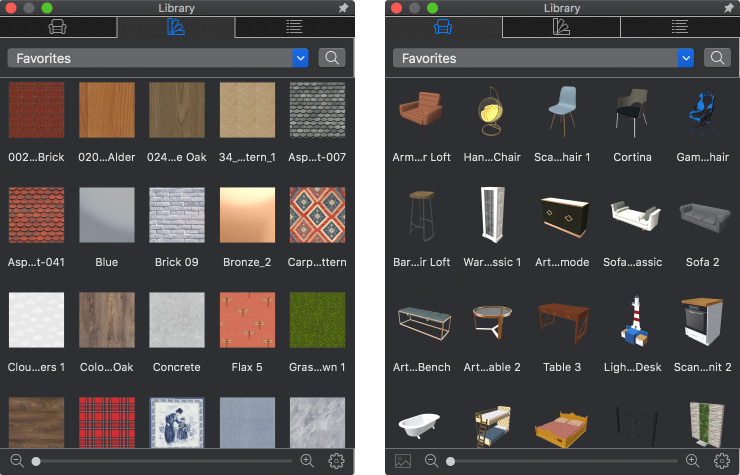 Object and material libraries of Live Home 3D
