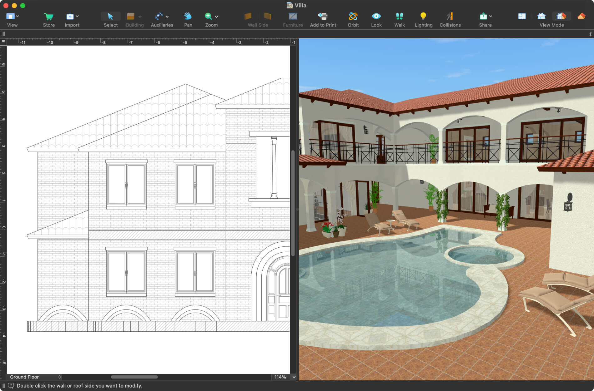 Elevation view and 3D view of a house in Live Home 3D Pro for Mac.