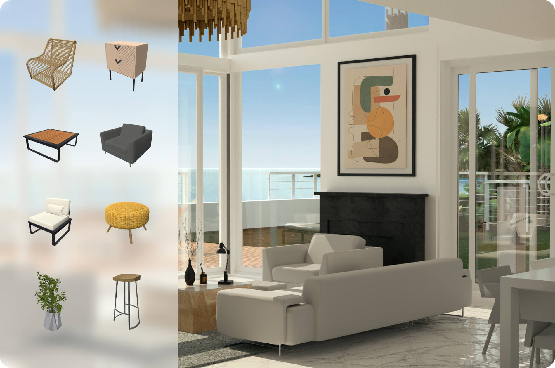 A living room interior design with a collection of 3D models available in the Live Home 3D object library.