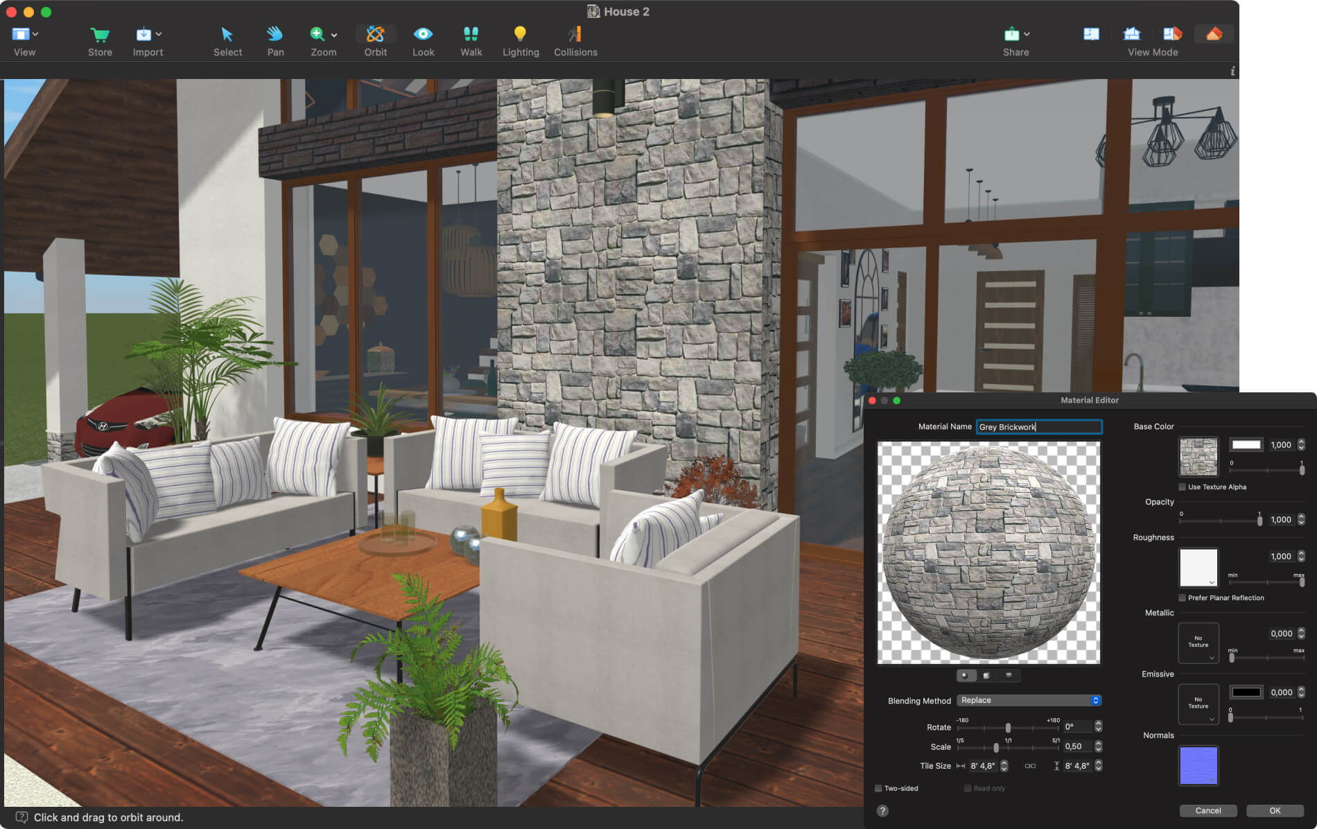 Material editor and house exterior view of Live Home 3D Pro for Mac.