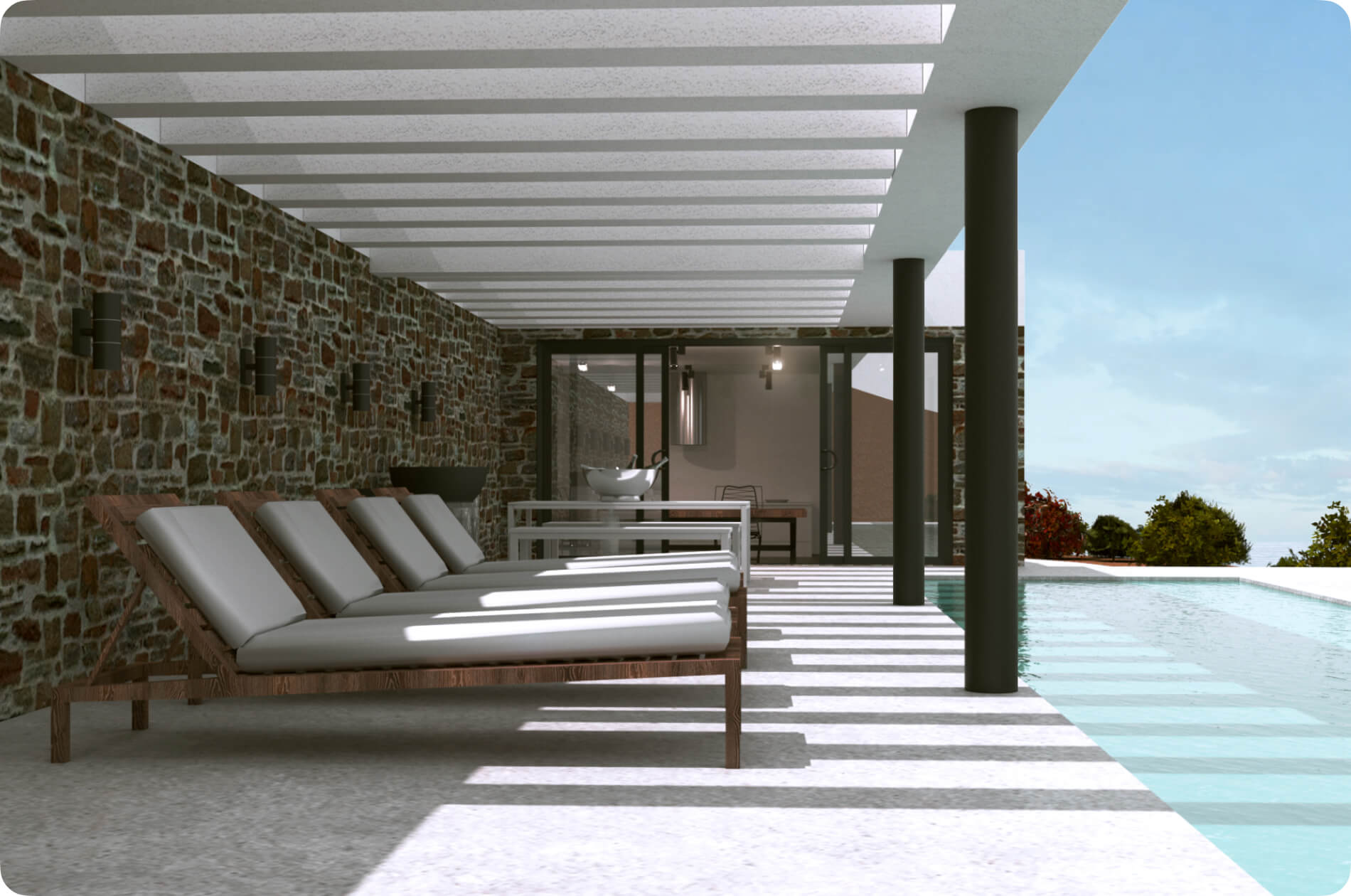 A pool area design at different time of day.